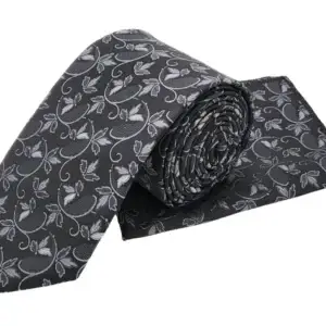 Black & silver floral tie and pocket square set