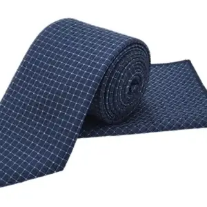 Steel blue & light blue geometric patterned tie and pocket square set
